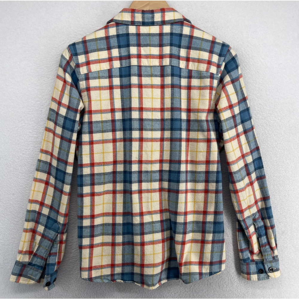 LL BEAN Top Womens S Scotch Plaid Flannel Shirt Relaxed Fit Button Up Ivory Blue - Picture 3 of 16